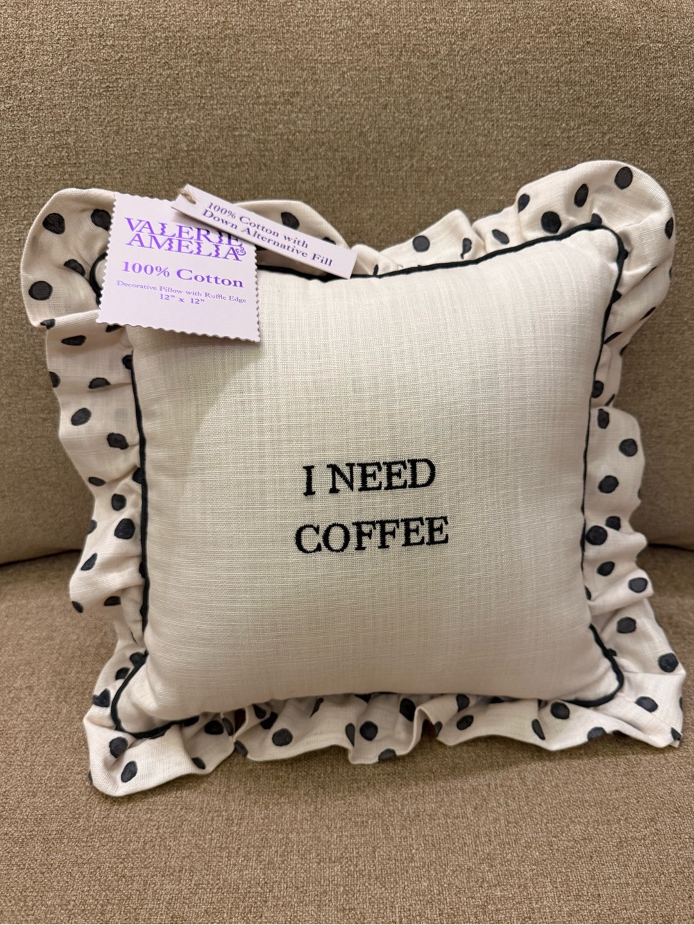 Valerie Amelia I Need Coffee Polka Dot Ruffle White Black Decorative Pillow NWT